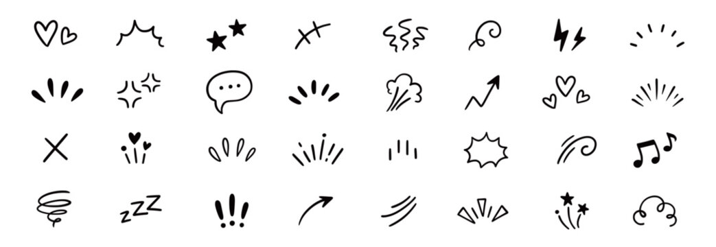 Effect comic line icon set. Hand drawn comic effect line with heart star arrow sketch mark movement. Angry manga question scribble emoji emotion sparkle emphasis doodle. Vector illustration