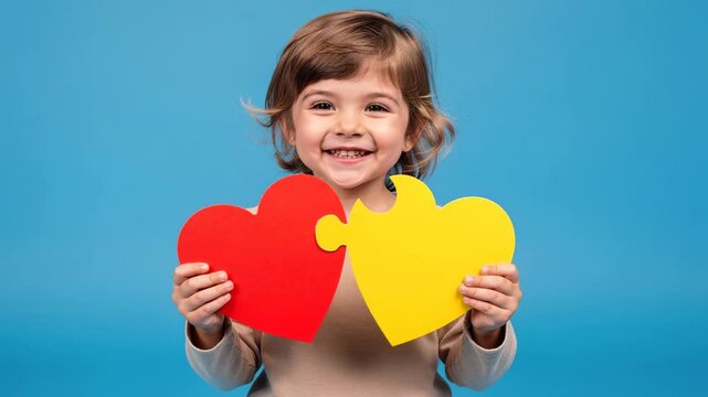 Happy smiling child holding red and yellow heart shaped puzzle pieces on blue background