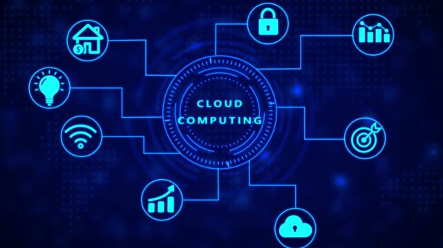 Blue neon cloud computing network diagram with interconnected nodes and central hub displaying text on a dark digital background with glowing particles, symbolizing data storage and access