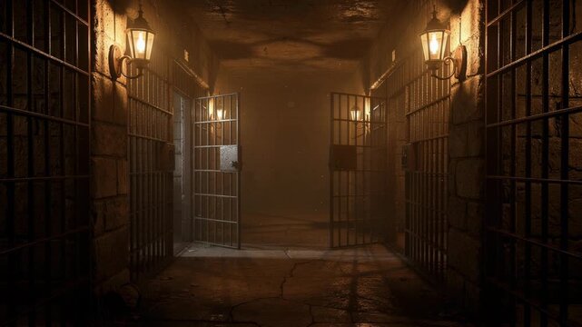 Dark moody prison corridor with open cell doors illuminated by vintage wall lamps in eerie atmosphere