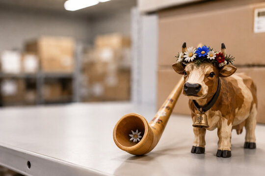 suspenders. Miniature alphorn and carved cow figurine with floral crown, heritage and delivery logistics concept, event programs.
