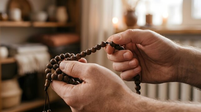 Hands manipulate dark wooden prayer beads in a sunlit interior, highlighting the organic texture and the rhythmic movement of the fingers.