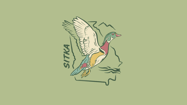 Vintage hand-drawn illustration of a colorful wood duck in flight over the state map outline of Georgia on a sage green background, ideal for waterfowl hunting and outdoor themes.