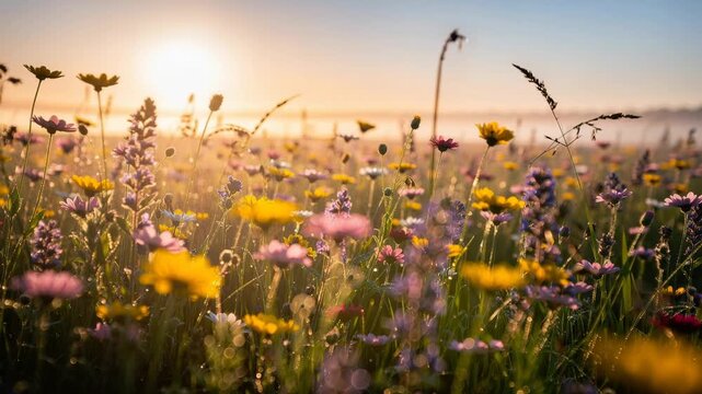 Wildflower meadow in morning sunlight with colorful blooming flowers and natural landscape