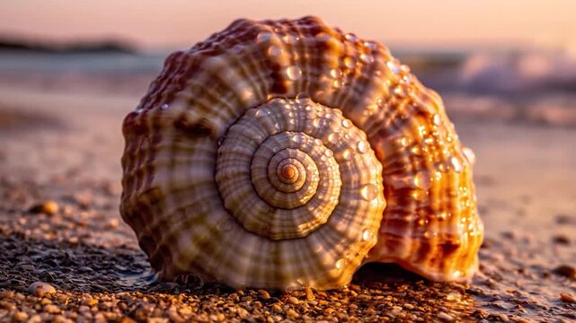 Spiral seashell on sandy beach at golden hour.