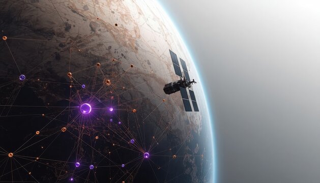 Space station orbiting planet earth with glowing purple light patterns on surface satellite technology exploration astronomy atmosphere engineering research universe communication altitude