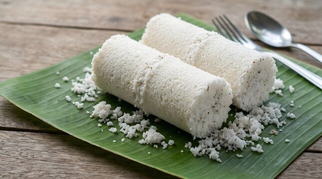 Traditional Steamed Rice Flour Pittu on Fresh Banana Leaf