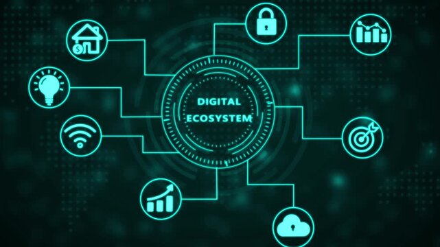 Futuristic digital network diagram with glowing neon teal lines and circles representing connections and a central hub displaying the text DIGITALECOSYSTEM on a dark abstract