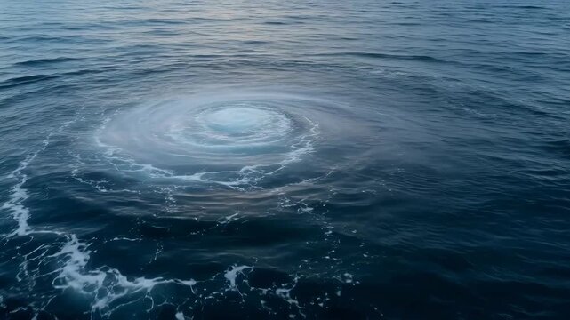 Aerial view of a swirling vortex in deep blue ocean water with white foam spiraling inward