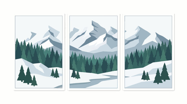 Snow covered mountain peaks illustration. Winter alpine landscape vector background design.