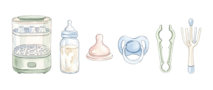 Baby bottle sterilizer accessories watercolor illustration set with feeding bottle pacifier teat nipple tongs on black background for newborn infant care nursery scrapbook clipart design element.