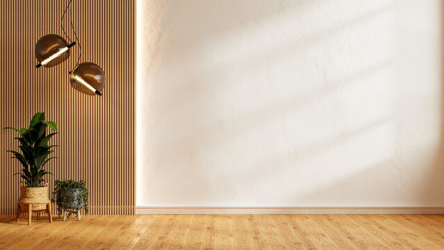 Empty modern living room interior with blank white wall, wooden floor and hanging lamps for mockup- 3D rendering