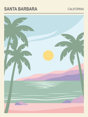 Fototapeta premium Santa barbara california travel poster with palm trees, sun, ocean, and mountains in a minimalist flat vector illustration style