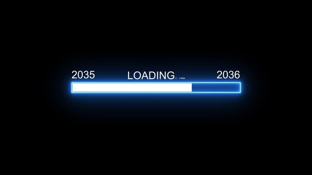 Futuristic loading bar progress animation with 2035 to 2036 year transition on black background digital