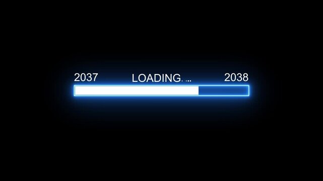 Futuristic loading bar animation with year counter progress, digital data processing interface, neon blue ui for tech projects