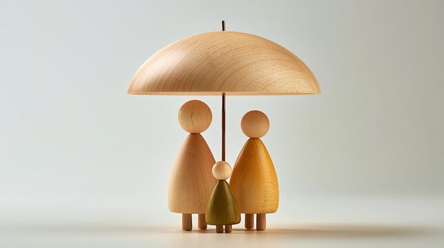 Wooden figurines of a family holding an umbrella, symbolizing protection and care in a minimalist setting.