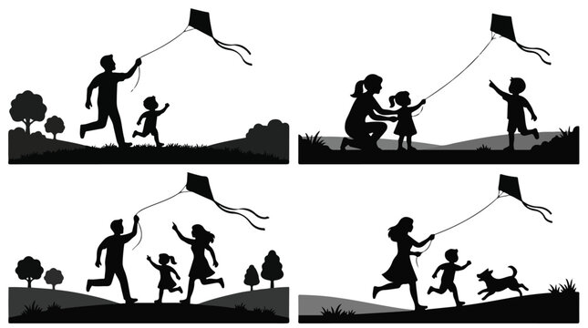 A set of four family flying kites silhouette vector illustration on a white background
