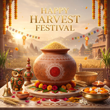 Traditional clay pot filled with grains celebrates a joyful harvest festival at sunrise in india with festive table surrounded lamps cultural ornaments