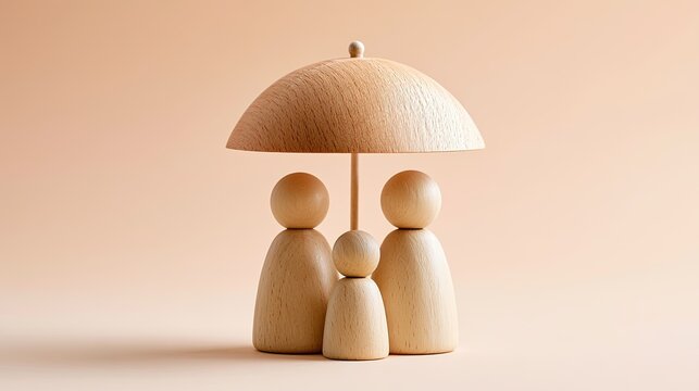 Three wooden figures representing a family stand under a wooden umbrella, symbolizing protection and care.