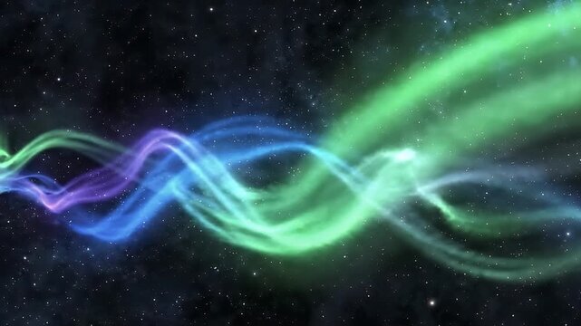 Auroralike nebulae of purple blue and green swirl across a starfilled black sky