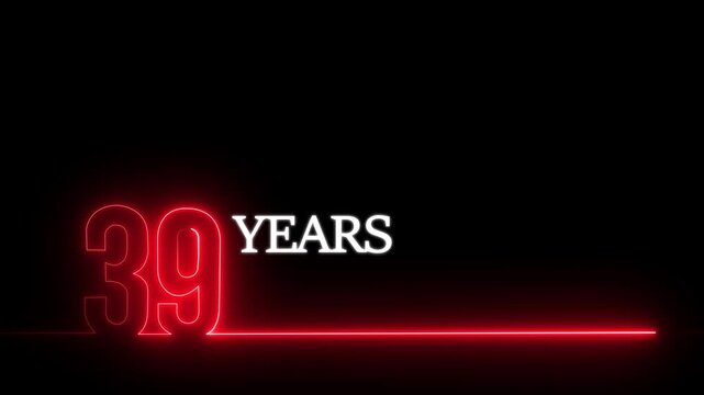 39 years anniversary neon sign animation with glowing red typography