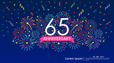 65th years anniversary celebration logo with yellow ribbon, fireworks and stars. vector illustration template design for web, flyers, poster, greeting card © thitiwat