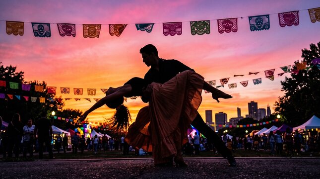 Couple dancing romantically under festive colorful banners at sunset with city skyline in background