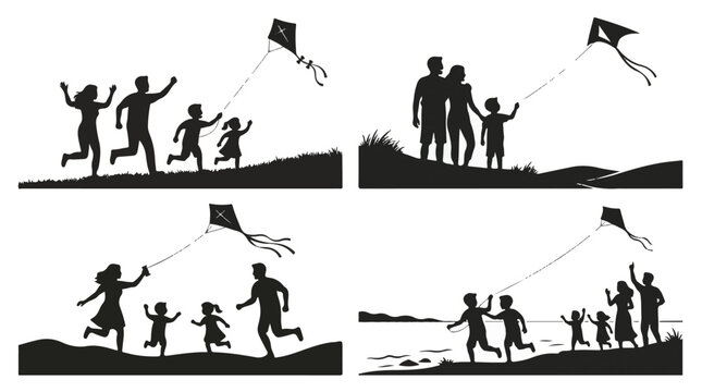 A set of four family flying kites silhouette vector illustration on a white background
