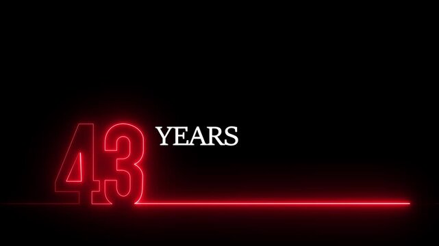 43 years anniversary neon sign animation with glowing red typography and minimalist line on black background