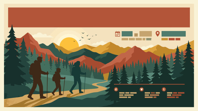 Family hiking in mountains vector banner template illustration with hikers walking on trail at sunrise