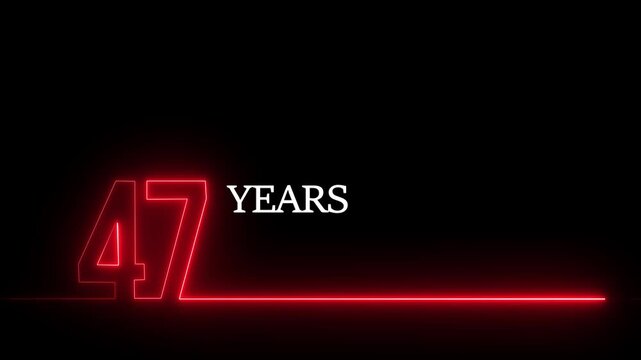 Glowing red neon 47 years anniversary text animation on black background