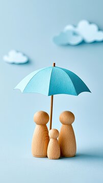 Wooden figures representing a family protected under a blue umbrella with clouds in the background.