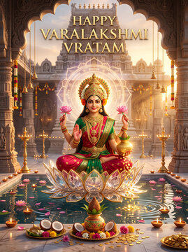 Divine goddess varalakshmi sitting upon radiant lotus flower within ornate ancient temple architecture setting with gracefully seated glowing lotus over sacred water pond