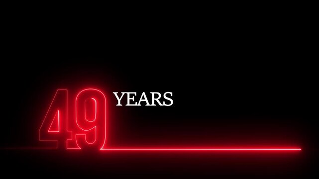 49 years anniversary neon sign animation, glowing red number motion for birthday or business celebration