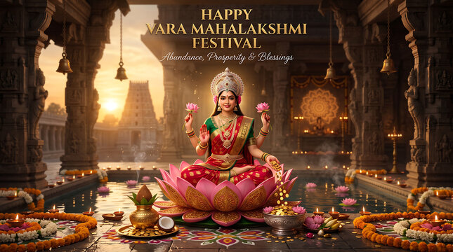 Goddess lakshmi seated on lotus flower amidst traditional temple architecture during golden sunset hour celebration with figure adorned traditional