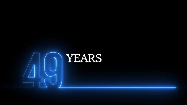 49 years anniversary neon sign glowing blue text animation on black background