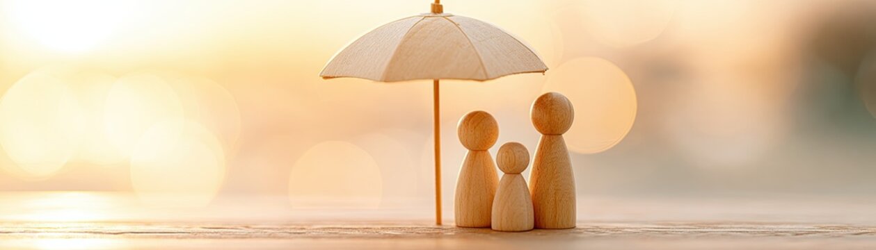 Three wooden figures representing a family stand protected under a small umbrella against a warm, blurred background.