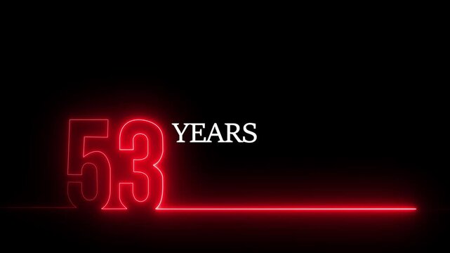 53 years anniversary neon sign glowing text animation on black background