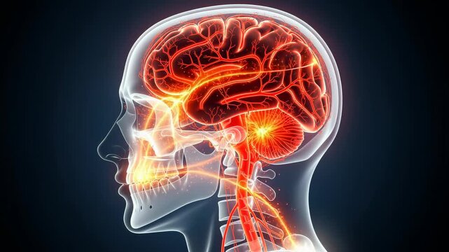 Detailed 3D illustration of human brain with glowing neural connections and skull anatomy side view