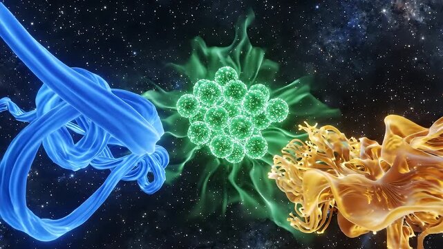 Blue green and orange abstract shapes in a starfield