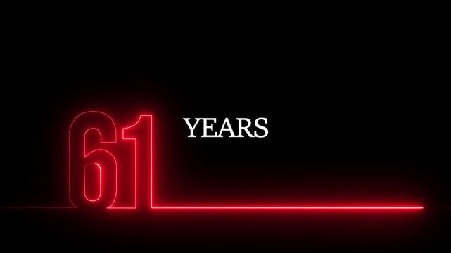 61 years anniversary neon glowing red number text animation on black background