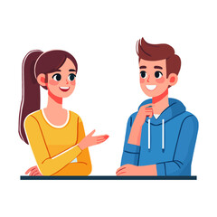 Fototapeta premium Happy Young Man And Woman Talking Together On Isolated White Background With Minimalist Vector