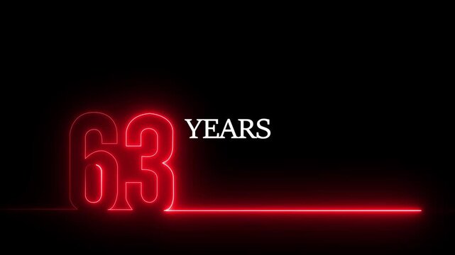 63 years anniversary neon sign glowing red text animation on black background