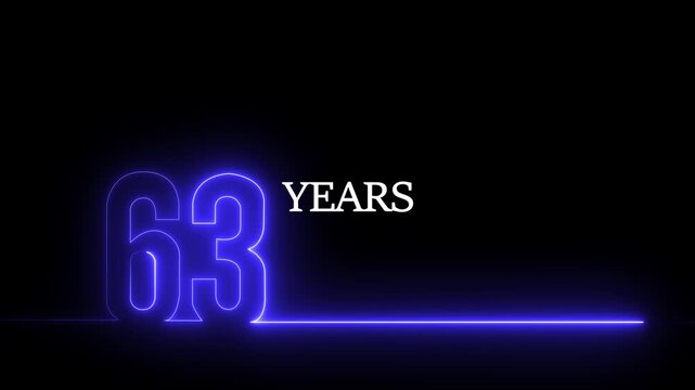 63 years anniversary neon glowing text animation with blue light effect