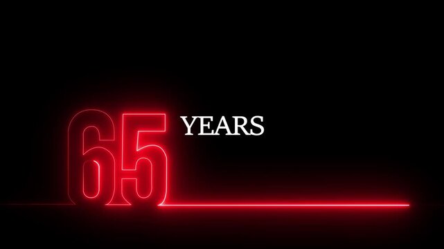 65 years anniversary neon glowing red number sign motion sixty-five