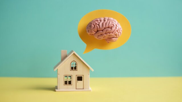 Miniature wooden house with a human brain in a yellow speech bubble, representing smart home or real estate thinking.