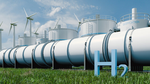 Green hydrogen production facility with pipelines and wind turbines for renewable energy concept- 3D rendering