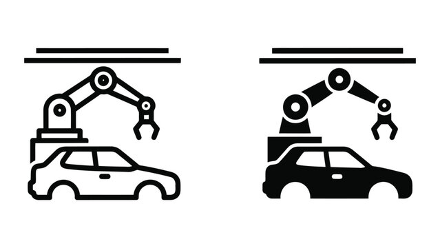 Robotic arm car assembly icons. Automated vehicle manufacturing line vector symbols.