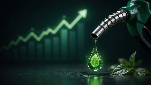 Green fuel nozzle with a leaf inside a drop of liquid
