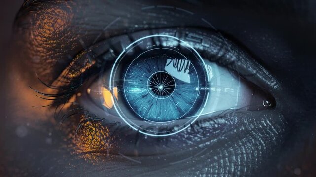 Close up of futuristic blue eye with digital technology interface and cybernetic elements